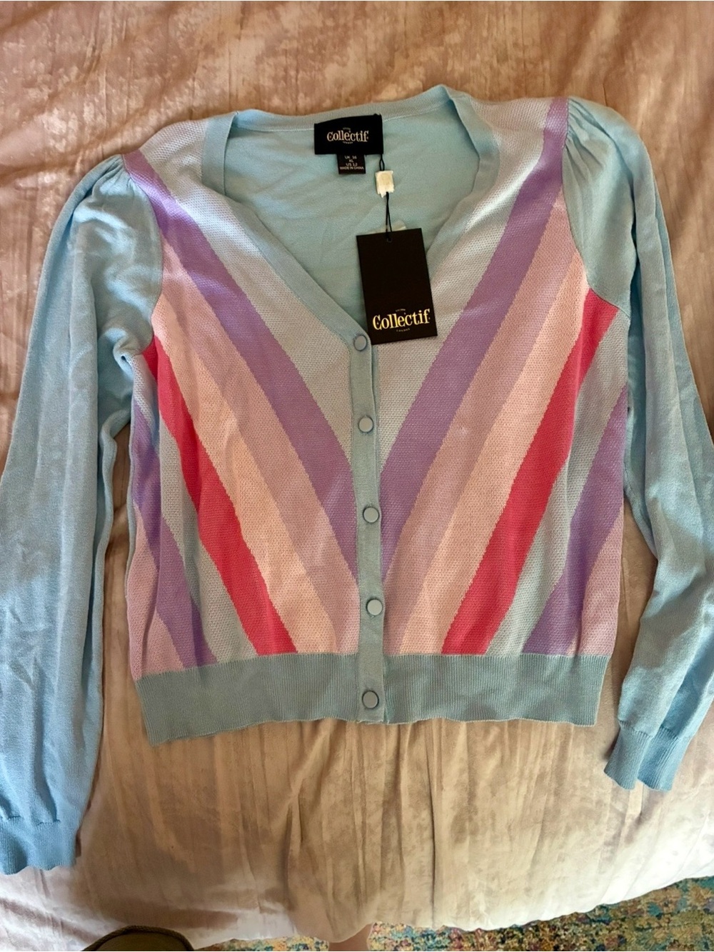Collectif Pastel Chevron V‑Neck Cardigan in Light Blue with Pink, Purple & Cream